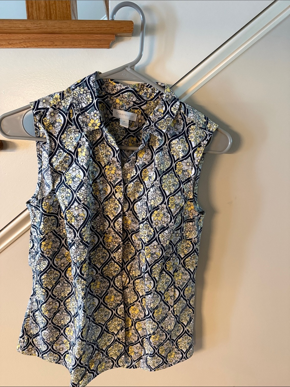 Charter Club Sleeveless Button-Front Floral Print Top - Navy & Yellow